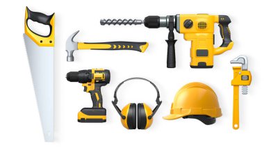 Yapı araçları, miğferler ve güvenlik teçhizatlarının toplanması, kırpma yolu ile beyaz arka planda izole edilmiş, iş güvenliğini sembolize ediyor ve sanayiyi inşa ediyor