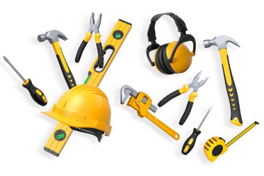 Yapı araçları, miğferler ve güvenlik teçhizatlarının toplanması, kırpma yolu ile beyaz arka planda izole edilmiş, iş güvenliğini sembolize ediyor ve sanayiyi inşa ediyor