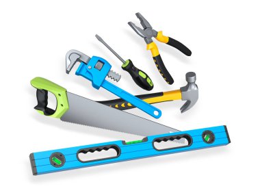 Testere, tornavida, çekiç, ingiliz anahtarı, pense gibi çeşitli el aletleri ve kesme yolu ile beyaz arkaplanda izole edilmiş seviye.