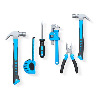 Pense, mezura, çekiç ve matkap gibi çeşitli el aletleri kırpma yolu ile beyaz arkaplanda izole edilmiş, DIY kavramı.