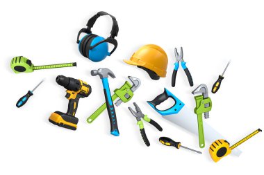 Yapı araçları, miğferler ve güvenlik teçhizatlarının toplanması, kırpma yolu ile beyaz arka planda izole edilmiş, iş güvenliğini sembolize ediyor ve sanayiyi inşa ediyor