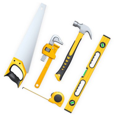 Testere, tornavida, çekiç, ingiliz anahtarı, pense gibi çeşitli el aletleri ve kesme yolu ile beyaz arkaplanda izole edilmiş seviye.
