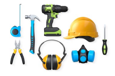 Yapı araçları, miğferler ve güvenlik teçhizatlarının toplanması, kırpma yolu ile beyaz arka planda izole edilmiş, iş güvenliğini sembolize ediyor ve sanayiyi inşa ediyor