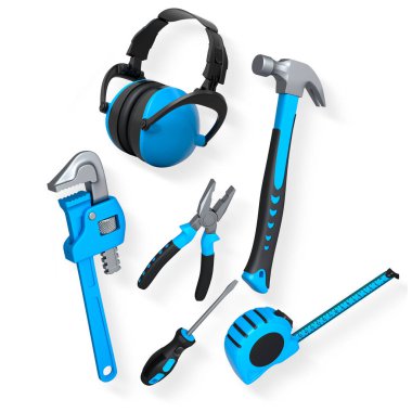 Çekiç, pense, tornavida ve mezura gibi çeşitli inşaat aletleri, kırpma yolu ile beyaz arka planda izole edilmiş, ev onarımı kavramı