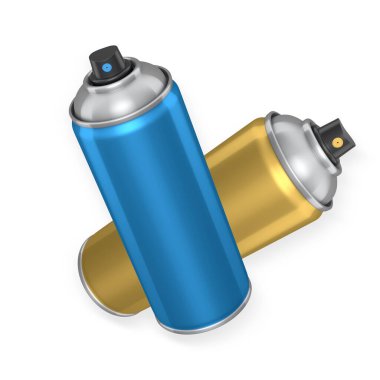 Kırpma yolu, sokak sanatı, boya ve yenileme araçlarıyla beyaz arkaplanda izole edilmiş renkli sprey boya kutuları.