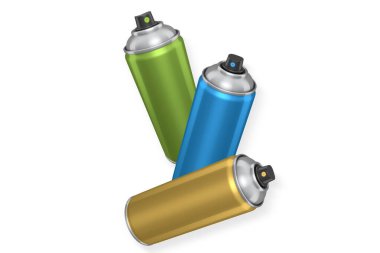 Kırpma yolu, sokak sanatı, boya ve yenileme araçlarıyla beyaz arkaplanda izole edilmiş renkli sprey boya kutuları.