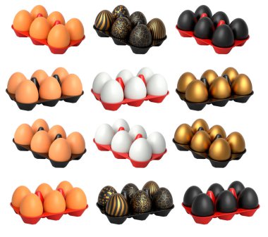Plastik tepsiler beyaz şeffaf arka planda izole edilmiş kahverengi, altın ve beyaz yumurtalarla dolu. Yumurta çeşitliliği ve gıda endüstrisi kavramı