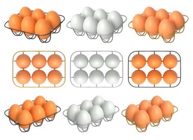 Beyaz şeffaf arkaplanda izole edilmiş beyaz ve kahverengi yumurtalarla dolu metal tepsiler. Yumurta çeşitliliği ve gıda endüstrisi kavramı