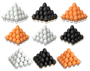 Beyaz şeffaf arka planda izole edilmiş, düzgün istiflenmiş kahverengi, beyaz ve siyah yumurtalarla dolu metal tepsiler. Yumurta çeşitliliği ve gıda endüstrisi kavramı