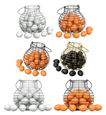 Yumurtalarla dolu kablo sepetleri, beyaz şeffaf arka planda izole edilmiş, mutfak depolama kavramı.