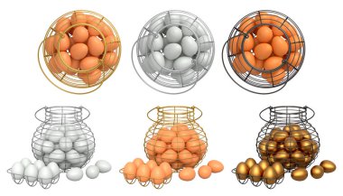 Yumurtalarla dolu kablo sepetleri, beyaz şeffaf arka planda izole edilmiş, mutfak depolama kavramı.