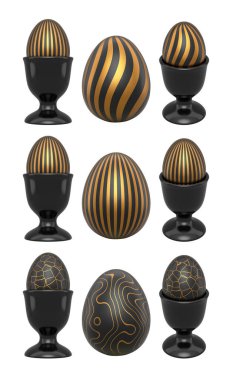 Beyaz şeffaf arka planda izole edilmiş parlak siyah yumurta kapları içinde altın desenli siyah yumurtalar. Lüks, zarafet ve bolluk kavramı.