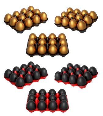 Beyaz şeffaf arka planda izole edilmiş altın ve siyah yumurtalarla dolu plastik tepsiler. Yumurta çeşitliliği ve gıda endüstrisi kavramı