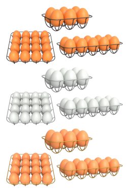 Beyaz şeffaf arkaplanda izole edilmiş beyaz ve kahverengi yumurtalarla dolu metal tepsiler. Yumurta çeşitliliği ve gıda endüstrisi kavramı