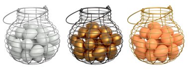 Yumurtalarla dolu kablo sepetleri, beyaz şeffaf arka planda izole edilmiş, mutfak depolama kavramı.