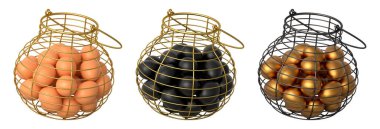 Yumurtalarla dolu kablo sepetleri, beyaz şeffaf arka planda izole edilmiş, mutfak depolama kavramı.
