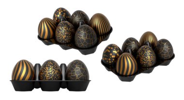 Beyaz şeffaf arka planda izole edilmiş siyah yumurtalarla dolu plastik tepsiler. Yumurta çeşitliliği ve gıda endüstrisi kavramı