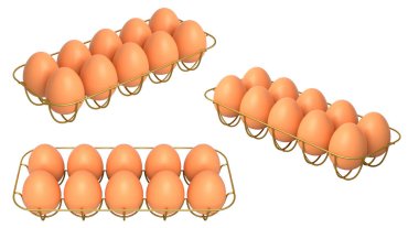 Beyaz şeffaf arka planda izole edilmiş, düzgün istiflenmiş kahverengi yumurtalarla dolu metal tepsiler. Yumurta çeşitliliği ve gıda endüstrisi kavramı