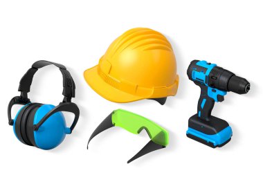 Kask, kulaklık, kablosuz matkap ve gözlük içeren koruyucu ekipmanlar kırpma yolu ile beyaz arka planda izole edilmiş, güvenlik inşaat giysisi konsepti