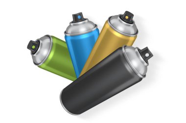 Kırpma yolu, sokak sanatı, boya ve yenileme araçlarıyla beyaz arkaplanda izole edilmiş renkli sprey boya kutuları.