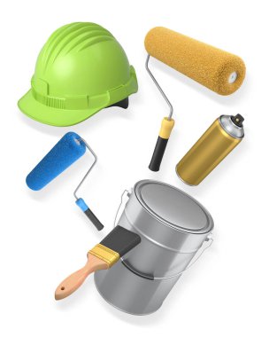 İnşaat miğferi, boya silindiri, fırça ve boya kovası kırpma yolu ile izole edilmiş, boyama ve yenileme araçlarını temsil eden beyaz zemin