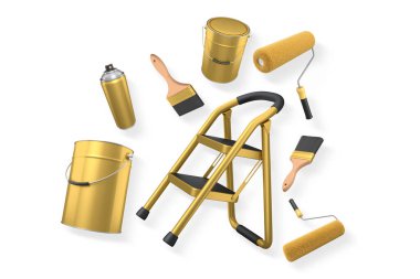 Yuvarlak, fırça, sprey kutu, kask ve basamak merdiveni de içeren çeşitli boyama araçları, kırpma yolu ile beyaz zemin izole edilmiş, ev yenileme kavramını temsil ediyor