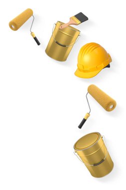 Boya fırçaları, silindirler, teneke kutular, miğfer ve sprey boya çeşitleri kesme yolu ile beyaz arkaplanda izole edilmiş, boyama ve yenileme konseptini temsil ediyor.