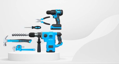 Endüstriyel çalışma ve koruma kavramını temsil eden, soyut arka planda podyum üzerinde yüzen çeşitli inşaat araçları ve güvenlik ekipmanları