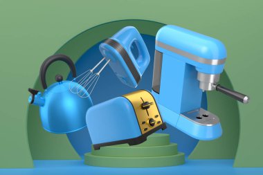 Soyut arka planda podyum üzerinde mikser, tost makinesi, su ısıtıcısı ve kahve makinesi gibi çeşitli mutfak aletleri..