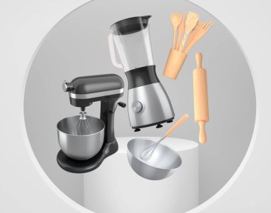 Aşçılık araçlarını sembolize eden, soyut arka plan ile podyumda yüzen mutfak aletleri ve çatal bıçakları..