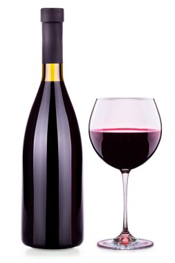 Zarif kırmızı şarap cam ve izole şişe