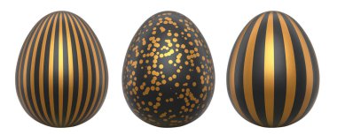 Beyaz şeffaf arka planda izole edilmiş altın desenli zarif siyah yumurtalar. Lüks, zarafet ve bolluk kavramı.