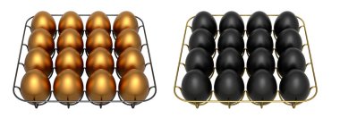 Beyaz şeffaf arka planda izole edilmiş altın ve siyah yumurtalarla dolu metal tepsiler. Yumurta çeşitliliği ve gıda endüstrisi kavramı