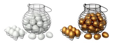 Yumurtalarla dolu kablo sepetleri, beyaz şeffaf arka planda izole edilmiş, mutfak depolama kavramı.