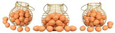 Yumurtalarla dolu kablo sepetleri, beyaz şeffaf arka planda izole edilmiş, mutfak depolama kavramı.