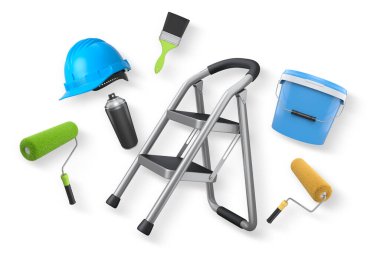 Yuvarlak, fırça, sprey kutu, kask ve basamak merdiveni de içeren çeşitli boyama araçları, kırpma yolu ile beyaz zemin izole edilmiş, ev yenileme kavramını temsil ediyor