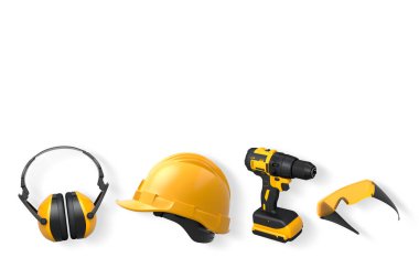 Kask, kulaklık, kablosuz matkap ve gözlük içeren koruyucu ekipmanlar kırpma yolu ile beyaz arka planda izole edilmiş, güvenlik inşaat giysisi konsepti