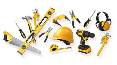 Yapım araçları ve güvenlik ekipmanları kesme yolu olan beyaz arka planda izole edilmiş. İş güvenliği ve inşaat araçları kavramı