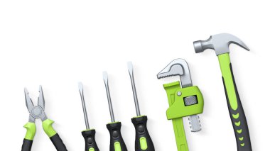 Pense, boru anahtarı, çekiç ve tornavida da dahil olmak üzere el aletleri beyaz arka planda kırpma yolu ile izole edilmiş, tamir konsepti