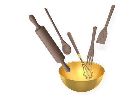 Beyaz arka planda izole edilmiş metal bir kasenin üzerinde yuvarlanan merdane, çırpıcı ve tahta kaşıklar gibi mutfak aletleri..