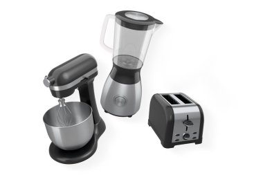 Blendırlı mutfak gereçleri, karıştırıcı ve metalik tost makinesi beyaz arka planda izole edilmiş, ev yapımı yemek aletleri kavramı.