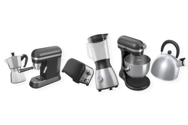 Blender, tost makinesi, mikser ve su ısıtıcısı gibi çeşitli mutfak aletlerinin toplanması beyaz arka planda izole edilmiş, ev yemeği kavramı.