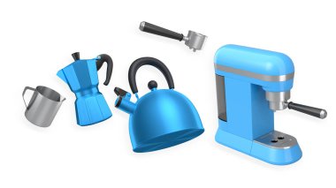 Çaydanlık, espresso makinesi, kahve demliği ve beyaz arka planda izole kahve hazırlama aletleri. Mutfak gereksinimleri kavramı.