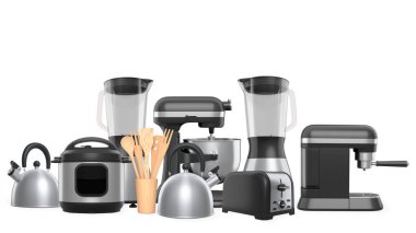 Mutfak gereçleri ve mutfak gereçleri, karıştırıcılar, çaydanlıklar, tost makineleri ve beyaz arka planda izole edilmiş kahve makineleri, yemek pişirme kavramı.