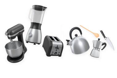 Beyaz zemin üzerinde izole mutfak aletleri ve mutfak aletleri mikser, blender, çaydanlık ve bıçak dahil olmak üzere çeşitli mutfak aletleri, pişirme araçları kavramı