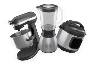 Blender, mikser ve çoklu fırın gibi modern mutfak aletleri yemek pişirme konsepti için beyaz arka planda izole edilmiştir..