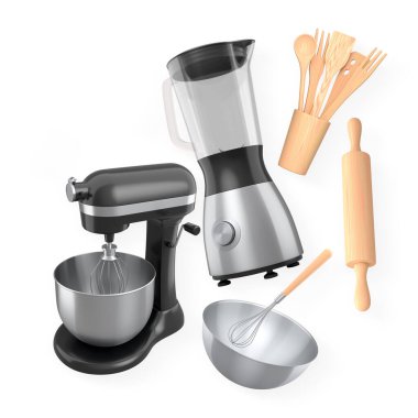Mutfak aletleri ve mutfak aletleri, karıştırıcı, blender ve ahşap aletler dahil, beyaz arka planda izole edilmiş, pişirme araçları kavramı
