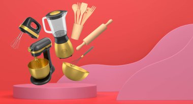 Soyut arka planda podyumda yüzen elektrikli mikserler, kaseler ve çatal bıçaklar gibi mutfak aletleri, pişirme araçları kavramı