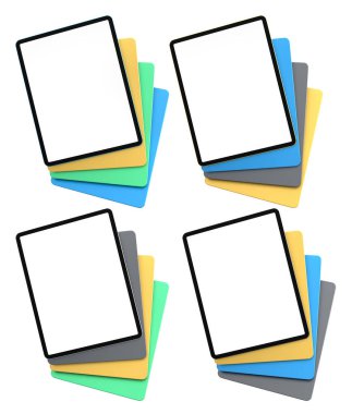 Renkli kağıtlarla dolu birden fazla siyah çerçeveli dijital tablet, beyaz arka planda izole edilmiş, teknoloji kavramı ve modern cihazlar