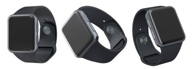 Beyaz arka planda izole edilmiş siyah ekranlı ve lastik kayışlı bir grup akıllı adam. Teknoloji tarzını gösteriyor..